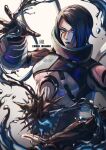  1girl absurdres apex_legends black_gloves black_hair blue_eyes blue_hair blue_lips bodysuit breasts catalyst_(apex_legends) clothing_cutout eyebrow_piercing gloves grey_background grey_bodysuit hair_over_one_eye highres liquid looking_at_viewer medium_breasts megane_(0max_megane0) multicolored_hair one_eye_covered open_hands piercing short_hair shoulder_cutout smile solo streaked_hair upper_body 