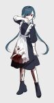 1girl black_footwear blood blood_on_clothes blood_on_leg boots empty_eyes hair_ribbon highres long_hair long_sleeves looking_at_viewer low_twintails maid original red_eyes ribbon solo twintails very_long_hair waka_(wk4444) white_ribbon wiping_blood 