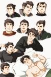  1boy aged_up alternate_costume alternate_hairstyle avatar_legends bara beard_stubble black_hair blush bolin cropped_head expressions frown groecs looking_at_viewer male_focus muscular muscular_male nipples pectorals sanpaku short_hair sideburns sideburns_stubble smile the_legend_of_korra thick_eyebrows third-party_source under_covers waking_up yawning 