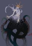  1boy absurdres aldrich_devourer_of_gods blood dark_souls_(series) dark_souls_iii dark_sun_gwyndolin gold_headwear grey_background grey_hair grin helmet highres long_hair messy_hair monster_boy monster_girl scylla simple_background skinny smile solo teeth tentacles topless_male zunkome 