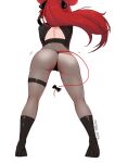  1girl absurdres ass back_cutout black_panties bodystocking boots bow clothing_cutout facing_away floating_hair from_behind hakos_baelz high_heels highres hololive hololive_english mouse_tail myth1carts official_alternate_costume panties red_hair simple_background solo tail tail_bow tail_ornament thigh_strap underwear white_background 