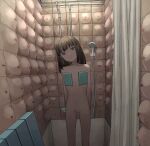  1girl arms_behind_back breasts brown_eyes brown_hair closed_mouth collarbone curtains dot_nose head_tilt large_breasts looking_at_viewer medium_hair navel nude original shower_(place) shower_head solo standing surreal tensen_(tfmw5884) tiles too_many 