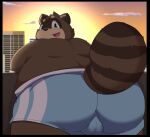  2023 anthro balls_outline belly big_belly big_butt bottomwear brown_body building bulge butt canid canine clothing detailed_background genital_outline hi_res kemono kusosensei male mammal outside overweight overweight_male raccoon_dog shorts shoutaro solo sunset tanuki 