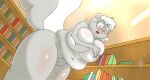  anthro big_breasts big_tail blush breasts chunkiroll_(artist) covering covering_breasts covering_crotch embarrassed eyelashes eyewear female fur glasses green_eyes grey_body grey_fur hair hi_res huge_breasts library looking_at_viewer low-angle_view mammal navel nude open_mouth overweight overweight_female rodent round_glasses sciurid solo tail thick_thighs tree_squirrel white_body white_fur white_hair wide_hips worm&#039;s-eye_view 