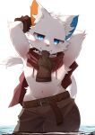  absurd_res anthro blue_eyes bottomwear clothing domestic_cat felid feline felis fur gloves hair hands_behind_head handwear hi_res looking_at_viewer male mammal navel nekojita pants scarf seductive shirtless_male simple_background solo tail water wet white_background white_body white_fur young 