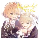  2girls ^_^ amamiya_sophia_seren arm_hug arms_at_sides artist_name assault_lily belt belt_buckle black_belt black_jacket blush border bow bowtie braid buckle buttons character_name chest_belt closed_eyes commentary cross crossed_bangs green_eyes hair_between_eyes hair_bow hand_up happy_birthday highres jacket kishimoto_lucia_raimu komuzuka latin_cross light_brown_hair long_hair long_sleeves looking_at_another looking_to_the_side multiple_girls neck_ribbon official_alternate_costume one_side_up orange_hair parted_lips pink_bow pink_bowtie pink_ribbon print_bow raised_eyebrows ribbon short_hair side-by-side simple_background smile translated twin_braids twintails upper_body white_background white_border white_bow wide_sleeves 