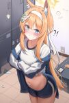  !? 1girl absurdres animal_ear_fluff animal_ears blue_archive blue_eyes blush cat_ears cat_girl cellphone charger collarbone deriolet electrical_outlet embarrassed frown gym_uniform halo headband highres indoors locker locker_room looking_at_viewer mari_(blue_archive) mari_(track)_(blue_archive) navel official_alternate_costume orange_hair panties phone removing shorts smartphone solo standing stomach surprised sweatdrop table underwear white_headband 