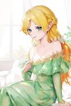  1girl bare_shoulders blonde_hair blush braid breasts cleavage clothes_pull collarbone dress dress_pull elf french_braid gem green_dress green_eyes highres isekai_ojisan long_hair long_sleeves parted_bangs peach_luo pointy_ears red_gemstone sitting small_breasts solo sparkle sui_(isekai_ojisan) tongue tongue_out 