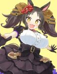  +_+ 1girl animal_ears black_dress black_gloves black_hair breasts commentary_request cowboy_shot dress fang flower gloves hair_flower hair_ornament highres horse_ears horse_girl large_breasts long_hair looking_at_viewer marvelous_sunday_(umamusume) parted_bangs puffy_short_sleeves puffy_sleeves sangria_(sangria69) short_sleeves simple_background skin_fang solo twintails umamusume yellow_background yellow_eyes 