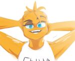  anthro avian bird chica_(fnaf) chicken colored_sketch eyebrows fangs female five_nights_at_freddy&#039;s galliform gallus_(genus) hand_on_head hi_res josh_hutcherson_whistle looking_at_viewer meme phasianid raised_eyebrow scottgames simple_background sketch solo teeth watashiao white_background 
