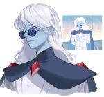  1boy adventure_time adventure_time:fionna_and_cake black_cape blue_skin cape chokeke_005 colored_skin gem highres ice_king jacket long_hair male_focus parted_lips photo-referenced red_gemstone round_eyewear simon_petrikov simple_background solo sunglasses white_background white_hair white_jacket 