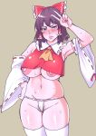  1girl arm_up armpits bare_shoulders commentary_request detached_sleeves female_pubic_hair fundoshi grey_background hakurei_reimu highres japanese_clothes large_areolae long_sleeves nipple_slip nipples plump pubic_hair red_vest shiraue_yuu simple_background solo thick_thighs thighs touhou vest wide_sleeves 