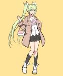  1girl alternate_costume ascot bag black_skirt black_socks boots brown_coat coat collared_shirt commentary_request frey_(rune_factory) full_body green_eyes green_hair hair_ribbon hand_on_own_hip hand_up highres kneehighs korean_commentary long_hair long_sleeves looking_at_viewer open_clothes open_coat open_mouth pink_ascot pleated_skirt ribbon rune_factory rune_factory_4 shirt skirt smile socks solo standing tb_(spr1110) twintails very_long_hair white_footwear white_shirt yellow_background 