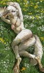 anthro anus avian avian_feet beak bird breasts butt columbid eleacat feathers female field flower genitals hands_behind_head hi_res lying nipples on_grass on_side pigeon plant pussy solo tail_feathers white_body white_feathers 