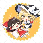  2girls apron ascot back_bow bare_shoulders barefoot black_dress black_headwear blonde_hair blush border bow braid brown_hair buttons chibi closed_eyes collared_shirt detached_sleeves dress drooling frills hair_bow hair_ornament hair_tubes hakurei_reimu hand_on_own_stomach hands_up hat hat_bow highres holding holding_marker jill_07km kirisame_marisa long_sleeves looking_at_another lying marker multiple_girls musical_note on_back open_mouth orange_background outside_border puffy_short_sleeves puffy_sleeves red_bow red_shirt red_skirt seiza shirt short_hair short_sleeves simple_background single_braid sitting skirt skirt_set sleeping smile star_(symbol) touhou turtleneck v-shaped_eyebrows white_apron white_border white_bow white_shirt wide_sleeves witch_hat yellow_ascot yellow_eyes zzz 