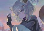  1girl animal_ear_fluff animal_ears black_gloves blue_archive blush closed_mouth commentary_request dokomon feet_out_of_frame gloves grey_hair grey_jacket hair_between_eyes hair_ornament hairclip halo hand_up highres holding jacket knees_up korean_commentary looking_away outdoors pantyhose purple_eyes shigure_(blue_archive) sky solo squatting tail white_pantyhose 