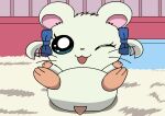  bijou_(hamtaro) blue_eyes bow_accessory bow_ribbon cage cricetid featureless_crotch female feral fur hamster hamtaro_(series) lying mammal on_back one_eye_closed pichu90 rodent solo whiskers white_body white_fur wink 