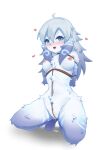  1girl :d absurdres ahoge animal_ears blue_fur blush body_fur breasts completely_nude furry furry_female goat_ears green_eyes grey_hair heart highres kindred_(league_of_legends) lalamedli lamb_(league_of_legends) league_of_legends long_hair looking_at_viewer medium_breasts nipples nude pussy_juice rope shibari smile solo white_fur white_hair 