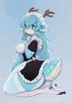  &lt;3 5_fingers absurd_res anthro antlers blue_background blue_body blue_eyes blue_fur blue_hair breasts brown_antlers butt clothed clothing deer female fingers fur hair hi_res horn legwear long_hair maid_headdress maid_uniform mammal scut_tail short_tail simple_background soda_uyu solo tail thick_thighs thigh_highs translucent translucent_clothing uniform white_bow white_clothing white_legwear white_thigh_highs 