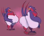  ambiguous_gender anthro anthrofied avian belly belly_expansion big_butt biped breast_expansion breasts butt butt_expansion expansion feathers generation_3_pokemon hi_res holding_belly looking_at_self looking_back nintendo obese overweight pokemon pokemon_(species) red_feet simple_background smokey_blokey solo standing swellow tail tail_feathers talons thick_thighs winged_arms wings 