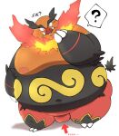  2023 absurd_res anthro balls belly big_belly black_body blush emboar generation_5_pokemon genitals hi_res japanese_text kemono male moobs namabito nintendo nipples obese obese_male orange_body overweight overweight_male pokemon pokemon_(species) question_mark red_body simple_background solo text 