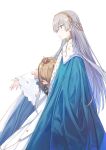  1girl anastasia_(fate) bangs blue_cloak blue_eyes cloak coffeekite doll dress fate/grand_order fate_(series) fur_trim hair_over_one_eye hairband highres jewelry long_hair neck_ring outstretched_arm solo very_long_hair viy_(fate) white_background white_dress white_hair 