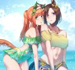  2girls absurdres air_groove_(umamusume) alternate_costume animal_ears bare_shoulders blue_eyes brown_hair cowboy_shot green_eyes green_one-piece_swimsuit highres horse_ears long_hair looking_at_viewer midriff multiple_girls navel off-shoulder_one-piece_swimsuit off-shoulder_shirt off_shoulder official_alternate_costume official_alternate_hairstyle one-piece_swimsuit orange_hair parted_lips ponytail sarong shirt short_hair short_sleeves silence_suzuka_(umamusume) standing stomach sugamo_(rainysnowy108) swimsuit tail thighs umamusume yellow_shirt 