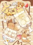  animal_focus blush_stickers cherry chocolate eevee food fruit highres holding holding_spoon multiple_views no_humans parfait pikachu pocky pokemon pokemon_(creature) spoon strawberry temariame14 waffle 