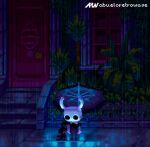  abueloretrowave animated animated_gif black_cat cat door fence holding holding_umbrella hollow_knight knight_(hollow_knight) looking_at_another night outdoors petting pixel_art rain stairs tree umbrella video_game window 