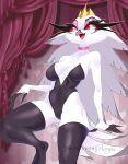  anthro avian better_version_at_source black_clothing breasts bunny_costume clothing costume female helluva_boss hi_res legwear purrynx red_eyes seductive solo standing stella_(helluva_boss) tight_clothing white_body white_breasts 