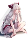  1girl adapted_costume barefoot bow crossed_legs feet fujiwara_no_mokou hair_bow hand_on_own_chin highres long_hair looking_at_viewer mokoiscat red_bow red_eyes red_shorts shirt shorts solo sweat touhou very_long_hair white_background white_hair white_shirt 