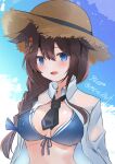  1girl artist_name bikini black_hair black_necktie blue_bikini blue_eyes blue_sky braid breasts brown_headwear cloud collared_shirt dated dress_shirt eiji_(monochromexd) front-tie_bikini_top front-tie_top hair_flaps hair_over_shoulder hat highres kantai_collection long_hair looking_at_viewer medium_breasts necktie official_alternate_costume shigure_(kancolle) shigure_kai_san_(kancolle) shirt single_braid sky solo straw_hat swimsuit white_shirt 