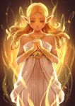  1girl anklet blonde_hair blue_eyes commentary dress highres jewelry kodue55 long_hair magic necklace pointy_ears princess_zelda princess_zelda_(botw) strapless strapless_dress the_legend_of_zelda the_legend_of_zelda:_breath_of_the_wild white_dress 