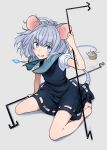  1girl :d animal_ears arm_up barefoot basket black_dress blue_capelet blue_eyes capelet commentary_request commission dowsing_rod dress full_body grey_background grey_hair grey_tail grin highres holding jewelry light_blush looking_at_viewer medium_hair mouse mouse_ears mouse_girl mouse_tail nazrin pendant short_sleeves simple_background sitting smile soles solo split_mouth tail touhou toujou_(toujou_ramen) wariza white_sleeves 