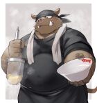  2023 anthro apron brown_body brown_fur clothing food fur hi_res humanoid_hands kemono kinoshita-jiroh male mammal musclegut noodles overweight overweight_male ramen shirt simple_background solo suid suina sus_(pig) topwear towel wild_boar 