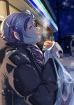  1boy bag black_coat breath chewing coat cold convenience_store eating eyelashes food from_side fuwa_minato hair_between_eyes highres holding holding_food looking_up male_focus multicolored_hair nijisanji plaid plaid_scarf pointy_ears power_lines purple_eyes scarf shop shopping_bag short_hair snow snow_on_body solo streaked_hair tebeneme3 teeth upper_teeth_only utility_pole virtual_youtuber winter winter_clothes winter_coat 