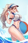  1girl alternate_costume alternate_hairstyle arknights armband armpits ball beachball breasts corrin_(female)_(fire_emblem) corrin_(fire_emblem) cosplay fire_emblem fire_emblem_fates hakuramen highres holding holding_ball holding_beachball looking_to_the_side medium_breasts navel open_mouth partially_submerged pointy_ears ponytail red_eyes sideroca_(arknights) sideroca_(arknights)_(cosplay) sideroca_(light_breeze)_(arknights) smile solo swimsuit upper_body visor_cap water wet white_hair 