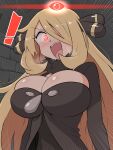  1girl absurdres black_coat black_shirt blonde_hair blush breasts cleavage coat cynthia_(pokemon) fur_collar fur_trim hair_ornament hair_over_one_eye highres kurachi_mizuki large_breasts long_hair long_sleeves looking_at_viewer mature_female open_mouth pokemon pokemon_(game) pokemon_dppt pokemon_legends:_arceus pokemon_platinum shirt solo 