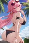  1girl ass bikini black_bikini blue_sky bracelet breasts can cloud day eyewear_on_head floating_hair from_behind genshin_impact hand_up highres jewelry large_breasts long_hair looking_back mookyuu9 outdoors pink_eyes pink_hair sitting sky smile solo strap_gap sunglasses swimsuit very_long_hair vision_(genshin_impact) yae_miko 