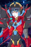 1girl armor blue_eyes breasts flower highres holding holding_flower humanoid_robot makeup mecha_musume mechanical_wings medium_breasts red_lips robot shoulder_armor solo transformers windblade wings 