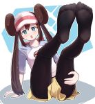  1girl :o arm_support bangs black_pantyhose blue_eyes blush bow bright_pupils brown_hair commentary_request double_bun doughnut_hair_bun feet feet_up full_body hair_bun highres kutabireta_neko legs legwear_under_shorts long_hair looking_at_viewer no_shoes open_mouth outline pantyhose pink_bow pokemon pokemon_(game) pokemon_bw2 raglan_sleeves rosa_(pokemon) shirt short_shorts shorts sleeves_past_elbows soles solo toes twintails visor_cap white_pupils yellow_shorts 