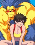  1boy 1girl alternate_costume blanka breasts brown_hair closed_mouth colored_skin commission cosplay crop_top denim denim_shorts english_commentary exmile indian_style kasugano_sakura looking_at_viewer misty_(pokemon) misty_(pokemon)_(cosplay) navel pikachu pikachu_(cosplay) pokemon pokemon_(anime) pokemon_(classic_anime) short_hair shorts sitting street_fighter suspenders tank_top yellow_skin yellow_tank_top 