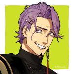  1boy artist_name black_shirt duryodhana_(fate) earrings facial_hair fate/grand_order fate_(series) freeze_10min goatee goatee_stubble green_background hair_ornament hairclip highres jewelry male_focus mature_male necklace portrait purple_eyes purple_hair sash shirt short_hair shoulder_sash single_earring smile solo two-tone_background upper_body white_background 