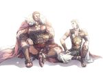  2boys armor bara beard blonde_hair cape character_request chest_armor closed_eyes cup facial_hair fate/zero fate_(series) fur-trimmed_cape fur_trim holding holding_cup iori0371 iskandar_(fate) large_pectorals looking_at_another male_focus multiple_boys muscular muscular_male open_mouth pectorals red_cape red_hair sandals short_hair sitting smile 