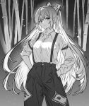  1girl arm_strap bamboo bow closed_mouth collared_shirt commentary_request cowboy_shot english_commentary fujiwara_no_mokou greyscale hair_bow hands_in_pockets highres long_hair long_sleeves looking_at_viewer mixed-language_commentary monochrome ofuda ofuda_on_clothes ossou_rocket pants shirt shirt_tucked_in solo suspenders touhou very_long_hair 