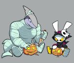  2022 anthro black_eyes dodge_(sludgetoons) duo female fish grey_background halloween hi_res holidays jack-o&#039;-lantern knife lagomorph lamnid lamniform leporid male mammal marine mattie_(sludgetoons) mummy_costume muscular muscular_anthro muscular_female rabbit shark simple_background sitting sitting_on_ground sludgetoons yellow_sclera 