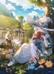  1boy 2girls absurdres berry blue_sky book breasts broom brown_hair carrying chair cloud copyright_request cover cover_page crystal day dress flower grass hat highres lamp medium_breasts moss multiple_girls novel_cover official_art outdoors potion purple_eyes red_hair sho_(sumika) sitting sky sleeping standing sunlight tree white_hair white_headwear window witch_hat wolf 