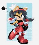  1girl :3 absurdres animal_ears animal_nose black_hair boots breasts cat_ears cat_girl dress eltravinjo english_commentary furry furry_female gloves hairband highres honey_the_cat looking_at_viewer one_eye_closed red_footwear simple_background smile solo sonic_(series) sonic_the_fighters tail twintails white_background white_gloves 