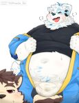  2023 96panda absurd_res anthro belly big_belly black_nose blush bulge canid canine canis clothing dog_operator domestic_dog duo hi_res kemono lifewonders live_a_hero male mammal navel overweight overweight_male protagonist_(live_a_hero) simple_background underwear undressing white_background white_body yohack 