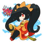  1girl ashley_(warioware) bebe_0620 black_hair broom broom_riding demon dress fingernails hair_over_one_eye hairband long_hair neckerchief orange_hairband orange_neckerchief pitchfork red_dress red_footwear skull_ornament solo_focus twintails warioware 